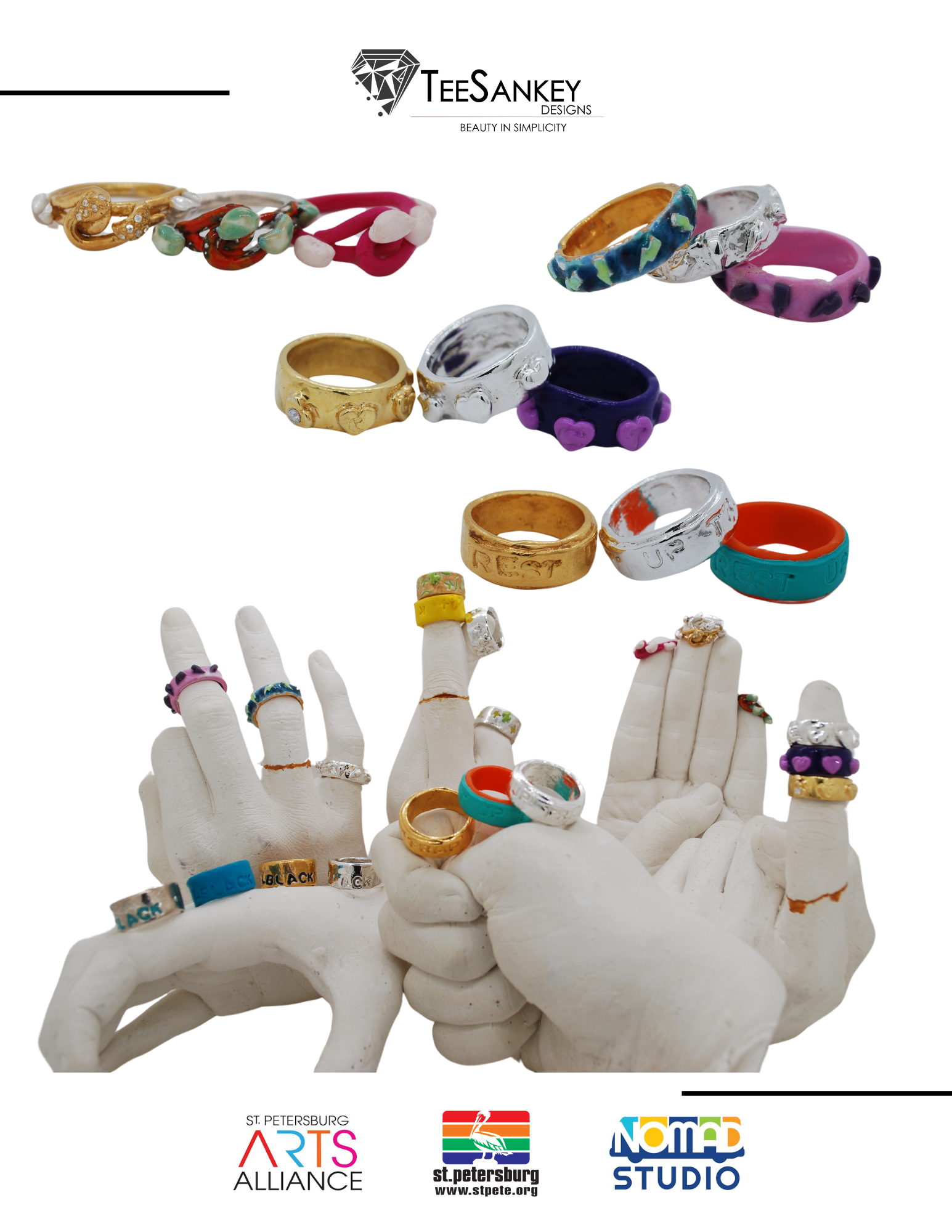 A collage of images featuring colorful rings in polymer clay made by detained youth. Some rings are displayed on plaster hand models posed in ASL alphabets.